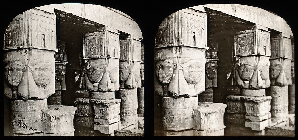 The Temple of Dendera, Egypt: stereoscopic views of the portico. Photograph by Francis Frith, 1856/1859.