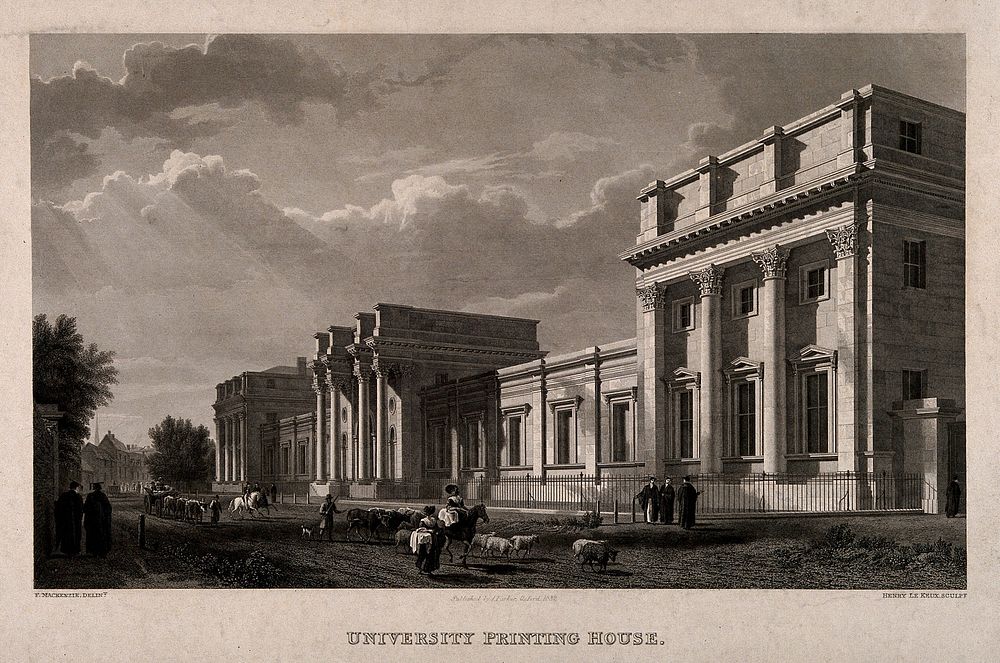 Printing house, Oxford University. Etching by H. le Keux, 1832, after F. Mackenzie.