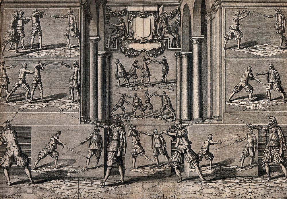Men fencing. Engraving by Andreas Stock.