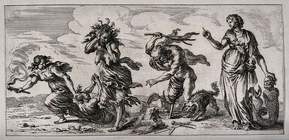 A woman holding a torch is dragging a woman by her hair, another woman is holding her head in despair at the sight of a one…