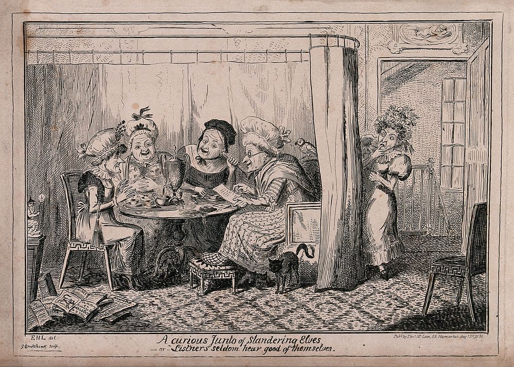 Four elderly ladies sitting around a table gossiping; another woman listens from behind a curtain and looks rather shocked.…