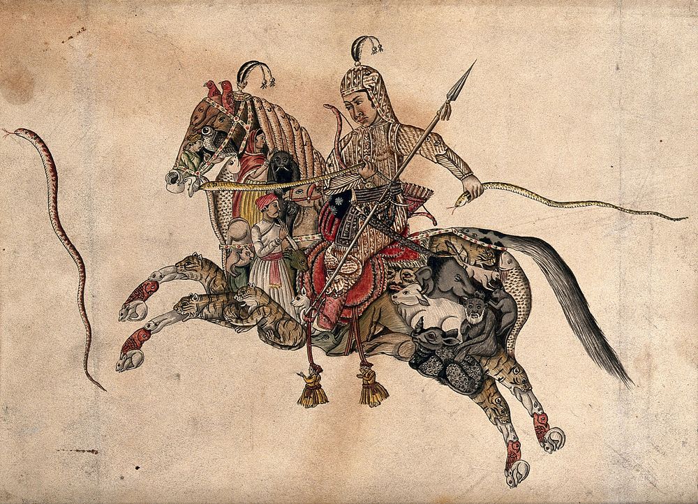 A warrior wearing armour riding on a mythical creature in the shape of a horse, but formed by a variety of animals, people…