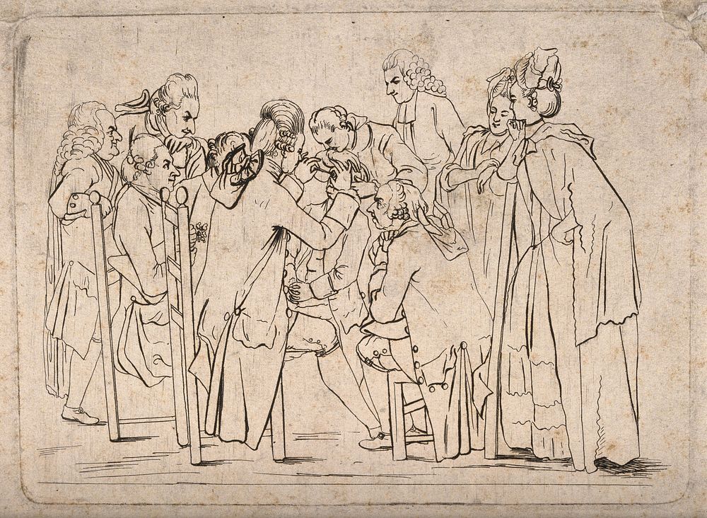 People gather around a surgeon (Baron de Wenzel) performing an eye operation. Etching by D. Chodowiecki.