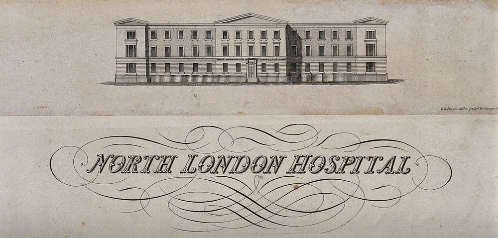 North London Hospital (renamed University College Hospital): facade. Etching by B.R. Davies, c. 1834.