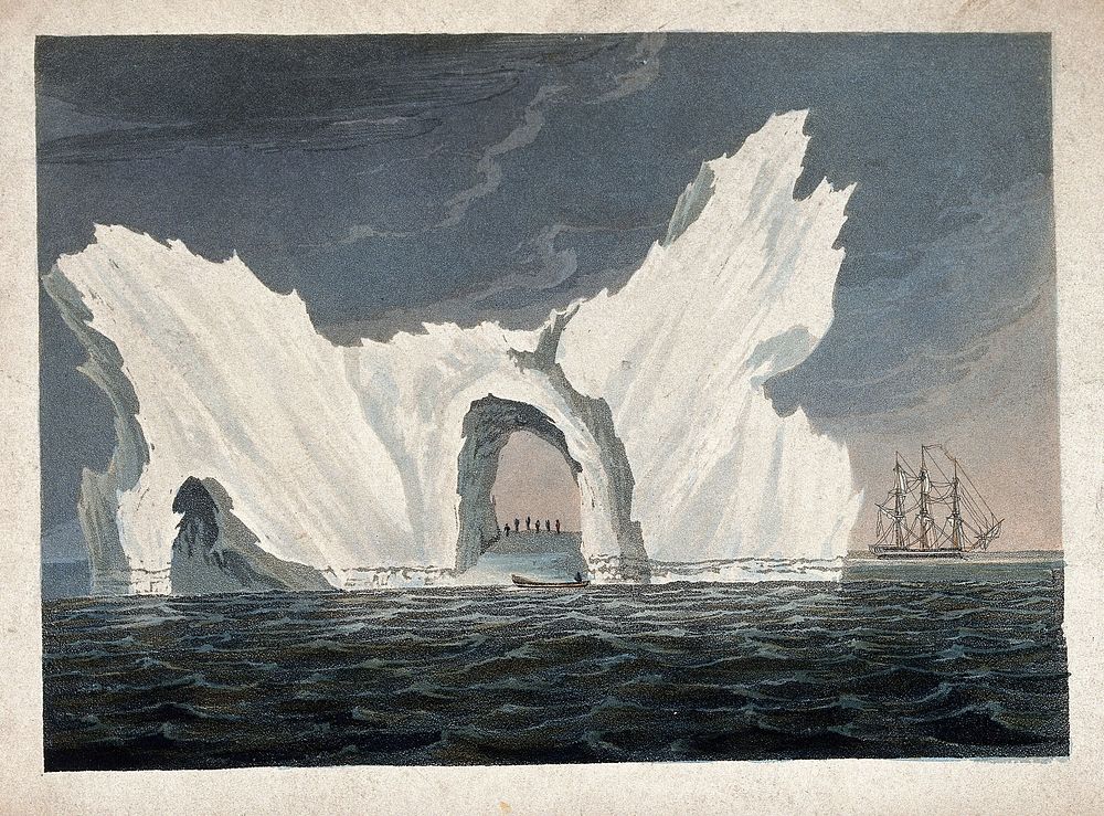 Meteorology: a large iceberg including an arch within which people are standing. Coloured aquatint.