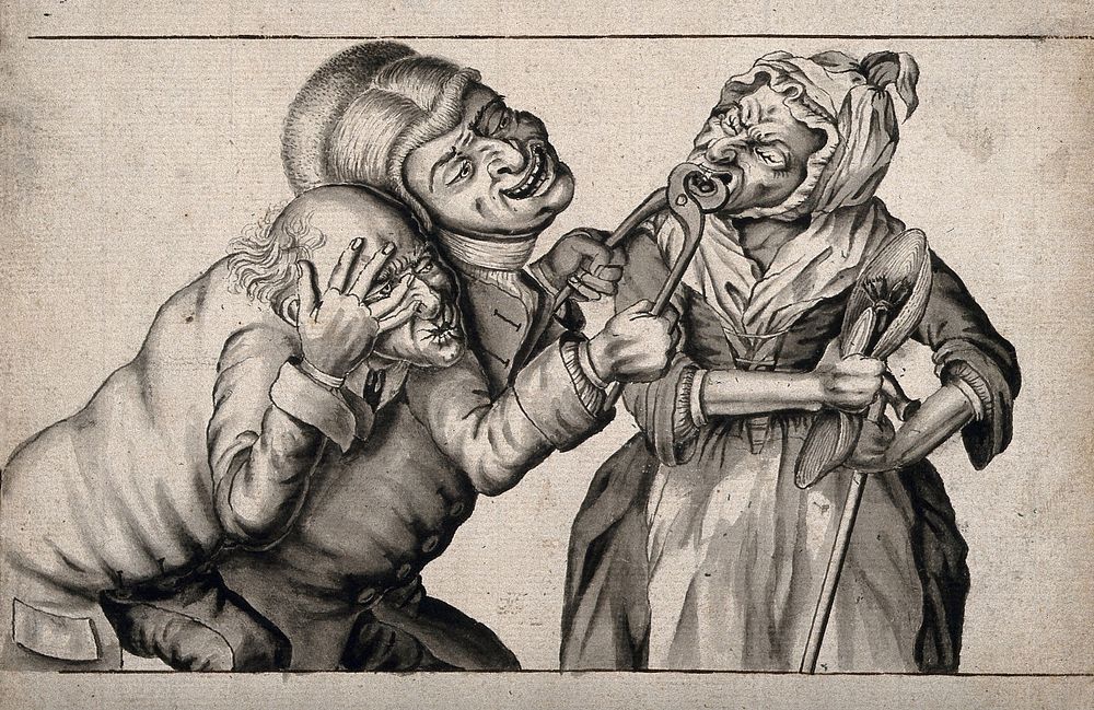 A tooth-drawer using pincers to extract a tooth from an old woman, her husband agonizingly observes the situation. Pen…