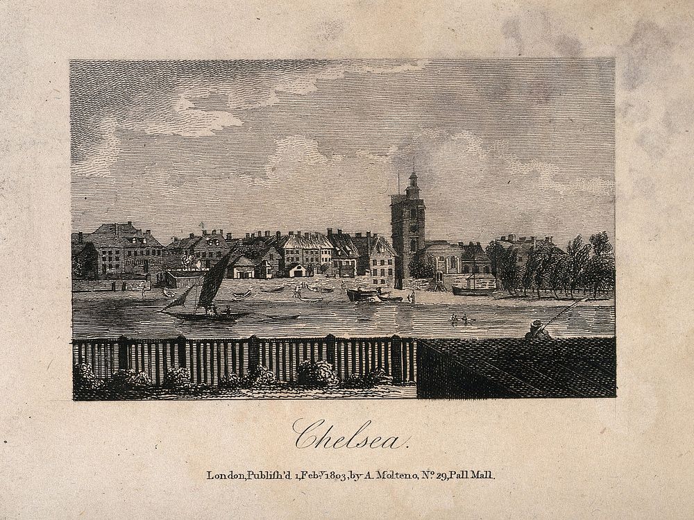 Chelsea viewed from the Surrey bank with boats on the river. Engraving.