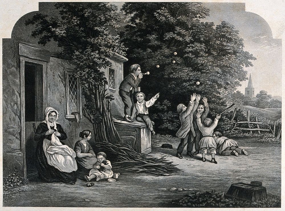 A family sits outside a house, one boy is blowing bubbles and the others are trying to catch them. Engraving.
