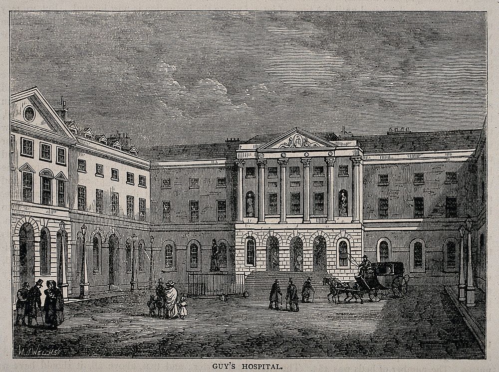 Guy's Hospital, Southwark: inside the courtyard. Wood engraving by W. J. Welch.