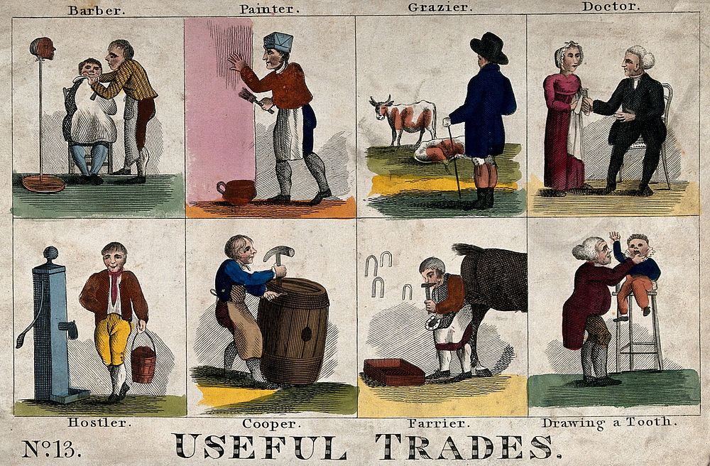 Men and women performing various trades and professions. Coloured etching.