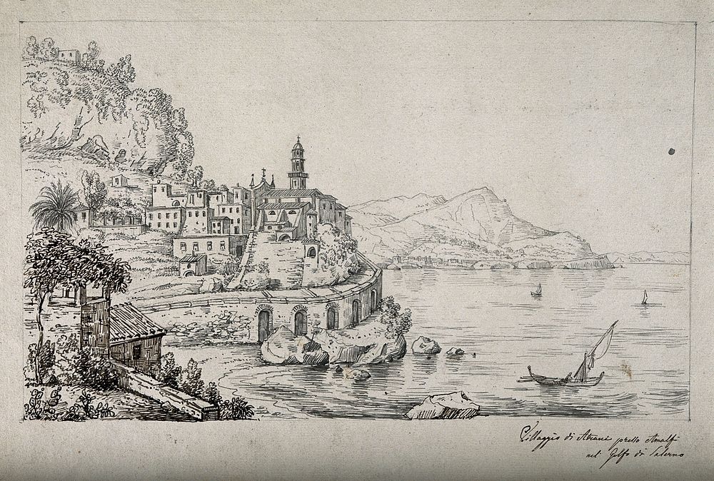 Atrani, Gulf of Salerno, Italy. Pen and ink drawing.