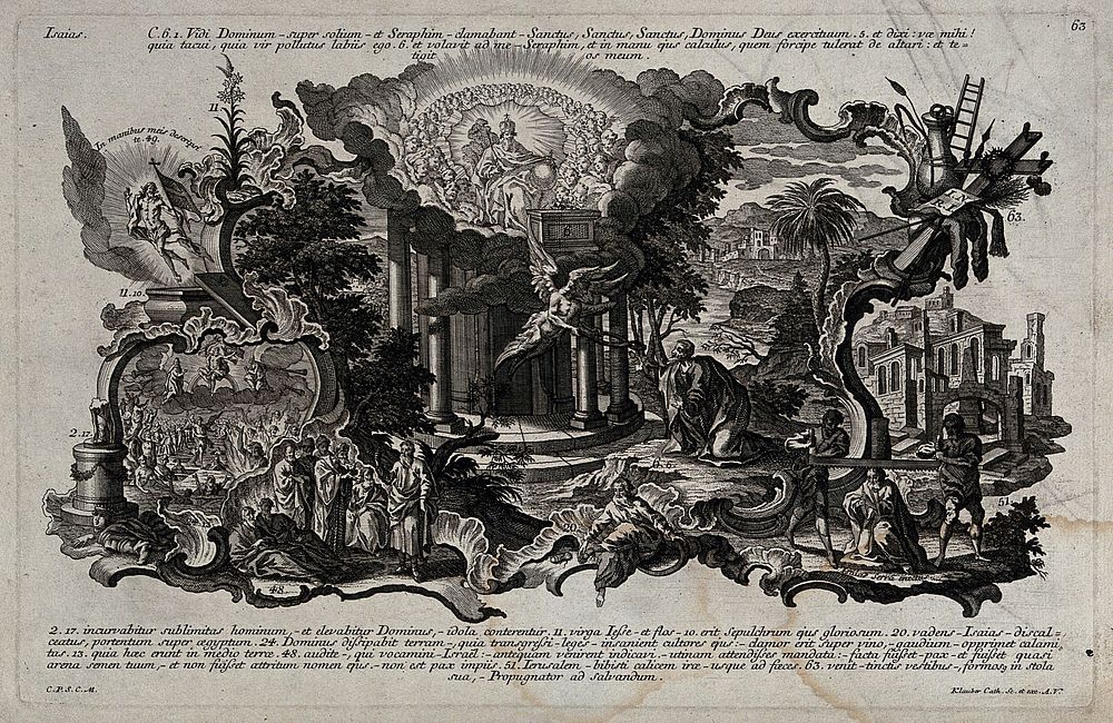 Isaiah's vision of the Lord's glory (Isaiah 6.1) and other scenes from the book of Isaiah. Etching by J. and J. Klauber.