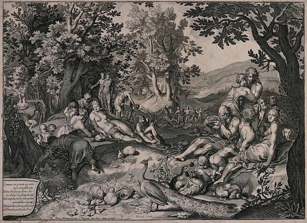 The golden age: men, women and children are playing and enjoying themselves in a grassy, wooded area. Engraving after…