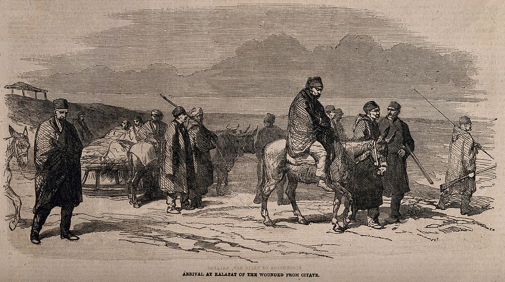Crimean War: arrival of wounded at Kalafat from Citate. Wood engraving.