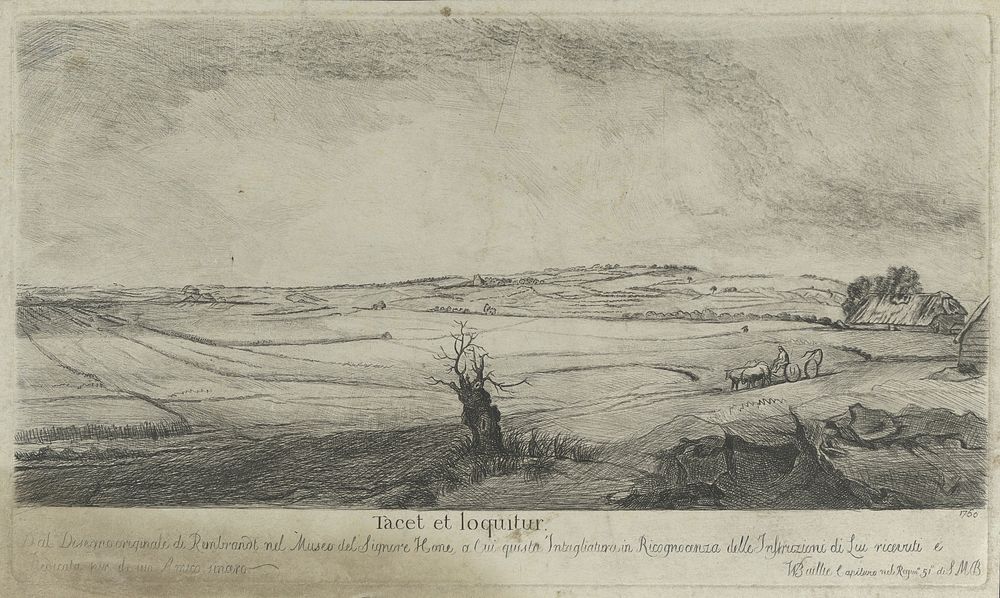 A Dutch landscape: fields, a farmer in an oxcart, and, in the centre foreground, a dead tree. Etching by W. Baillie, 1760.