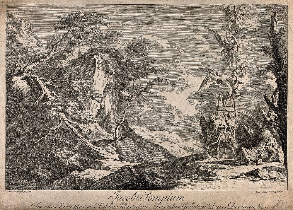 Jacob finds rest in a rugged landscape and dreams of a ladder of angels. Etching by J. Goupy after S. Rosa.