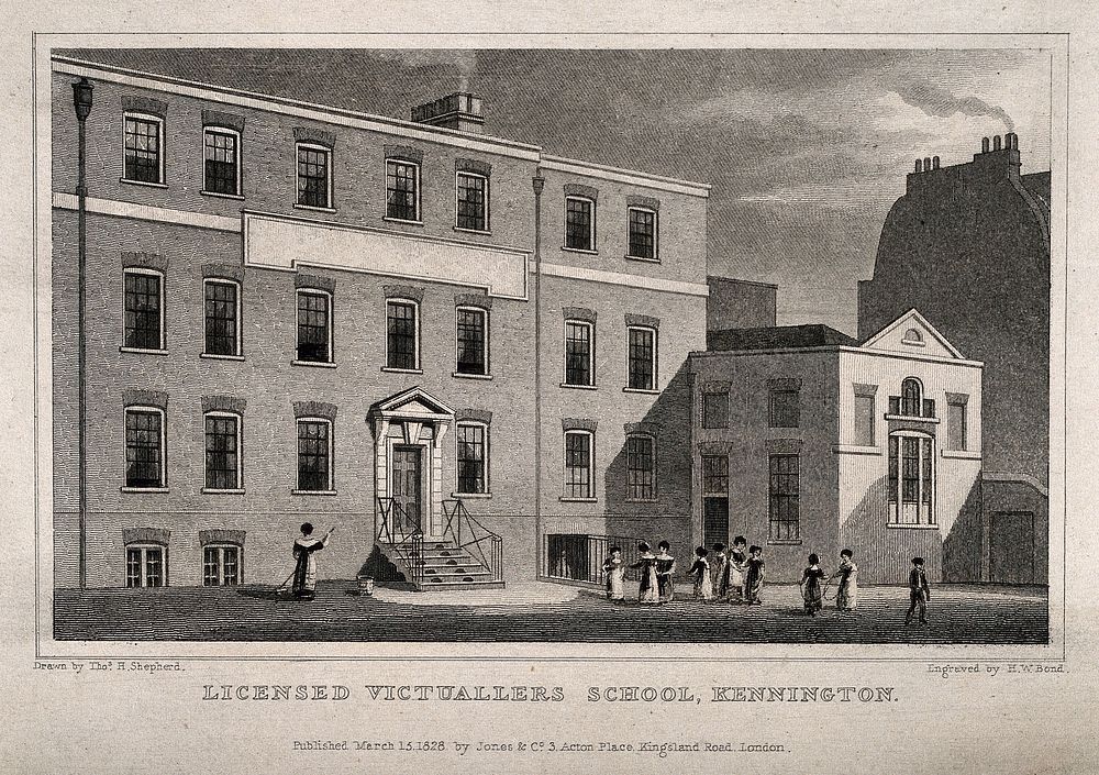 Licensed victualler's school, Kennington. Engraving by H.W. Bond, 1828, after T.H. Shepherd.