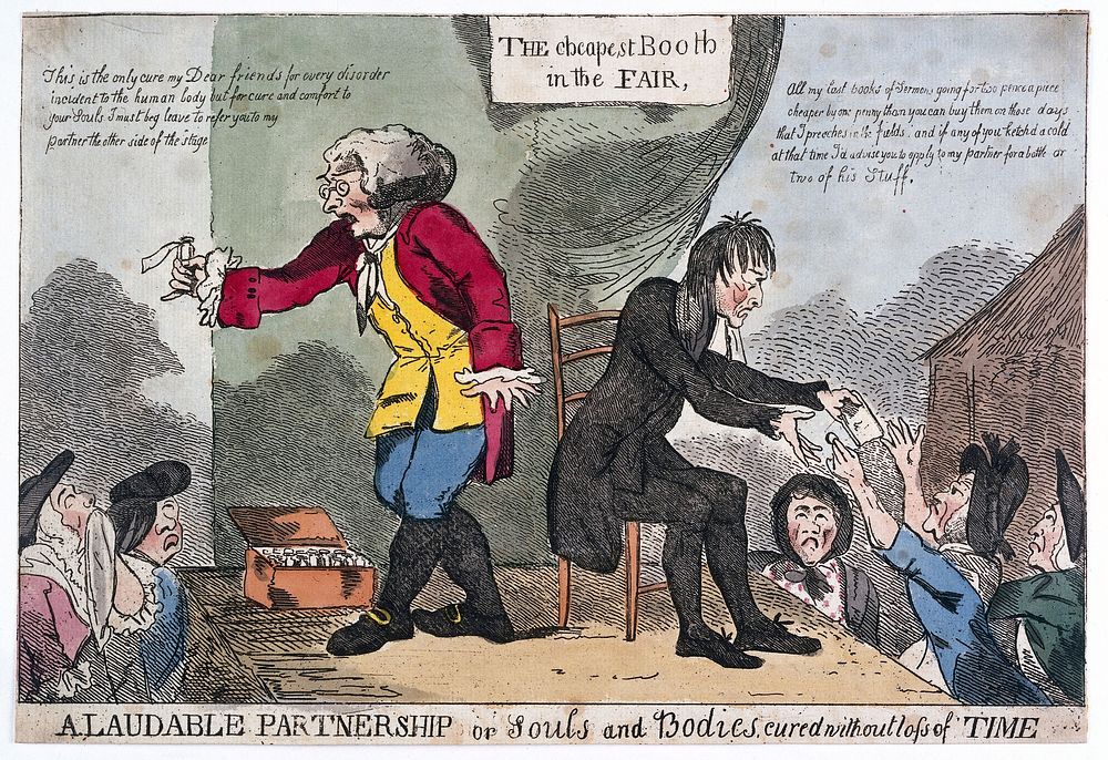 A quack doctor and a dissenting parson selling their respective goods from a fairground booth. Coloured etching, 1795.