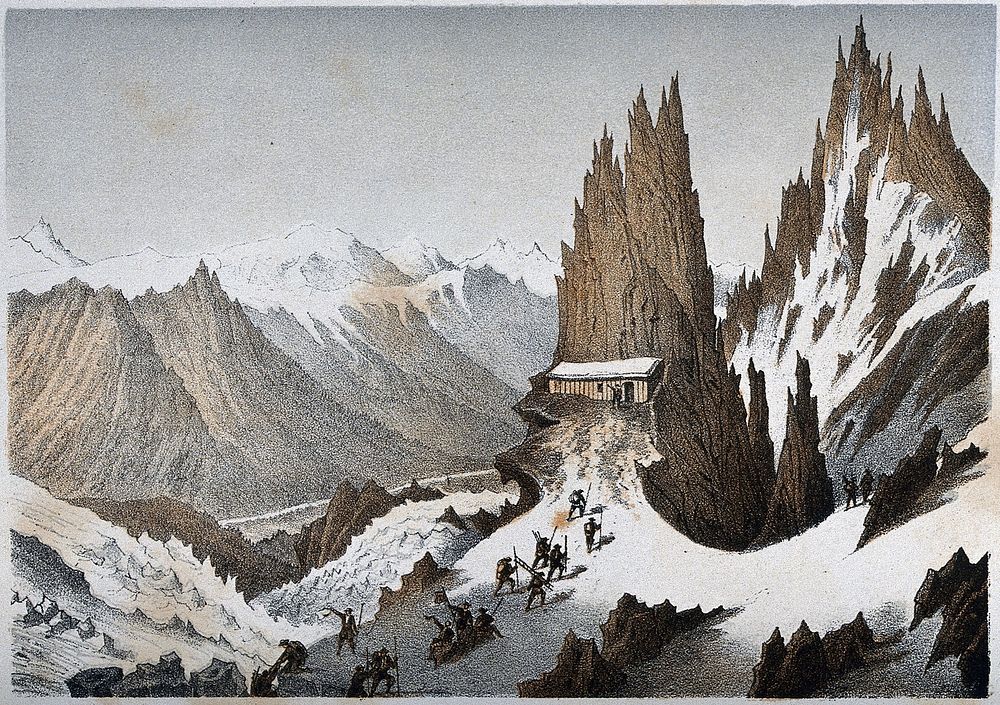 Mont Blanc: Albert Smith's party reaching the cabin on the Grands Mulets, 1853. Colour lithograph by F. Baumann.