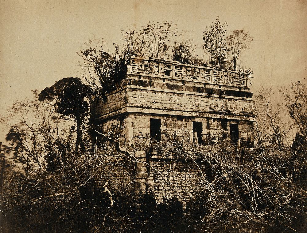 Mexico: a ruined building overgrown with foliage. Photograph by Desiré Charnay, ca. 1858.