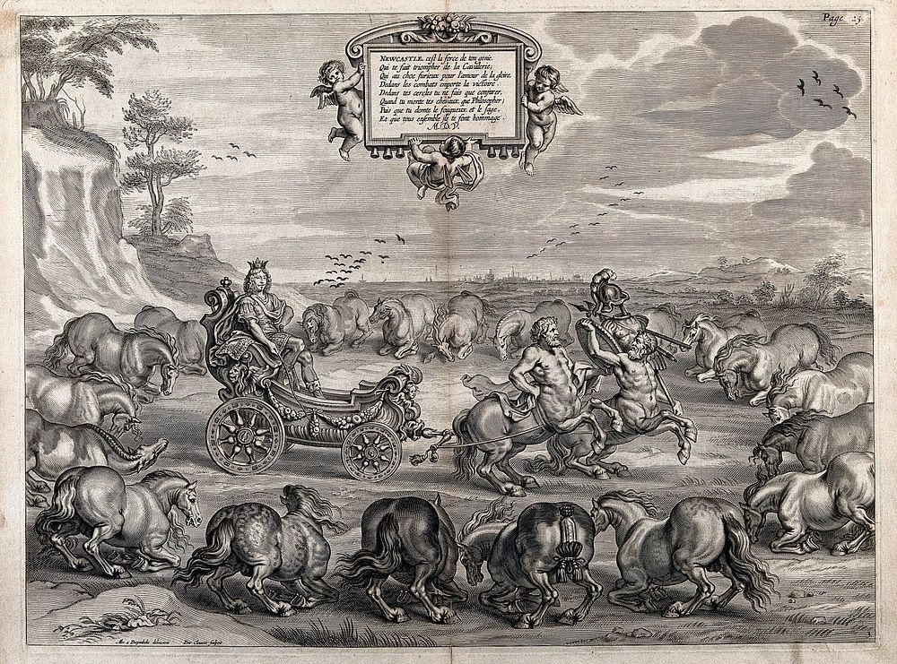William Cavendish, Marquis (from 1665 Duke) of Newcastle, in a chariot drawn by two centaurs, surrounded by kneeling horses.…