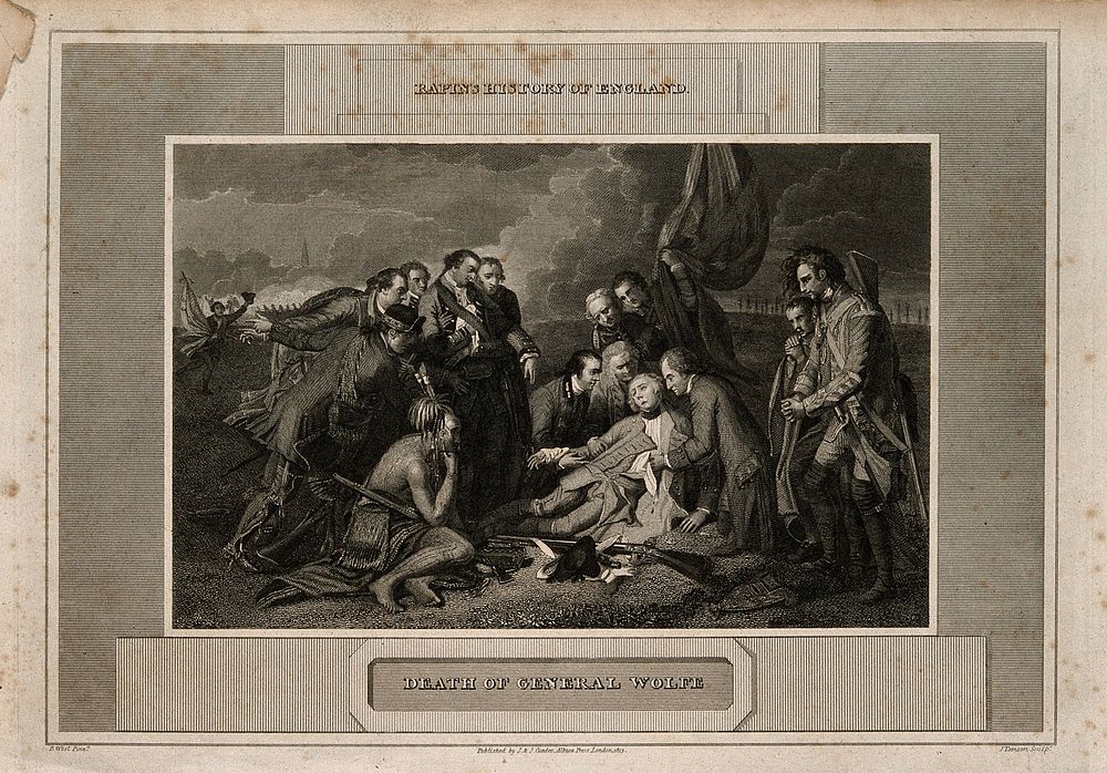 The death of General Wolfe, at Quebec, in the background are soldiers and the masts of ships. Engraving by J. Thomson, 1813…