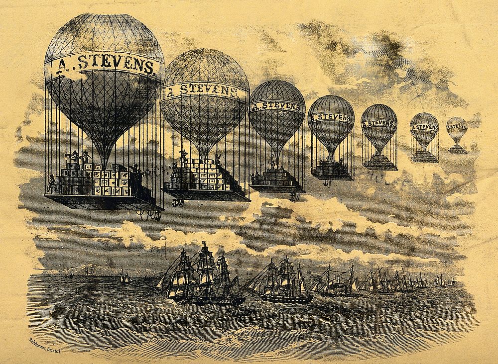 A line of hot-air balloons loaded with boxes advertise "A. Stevens" as they travel over a line of sailing ships. Wood…