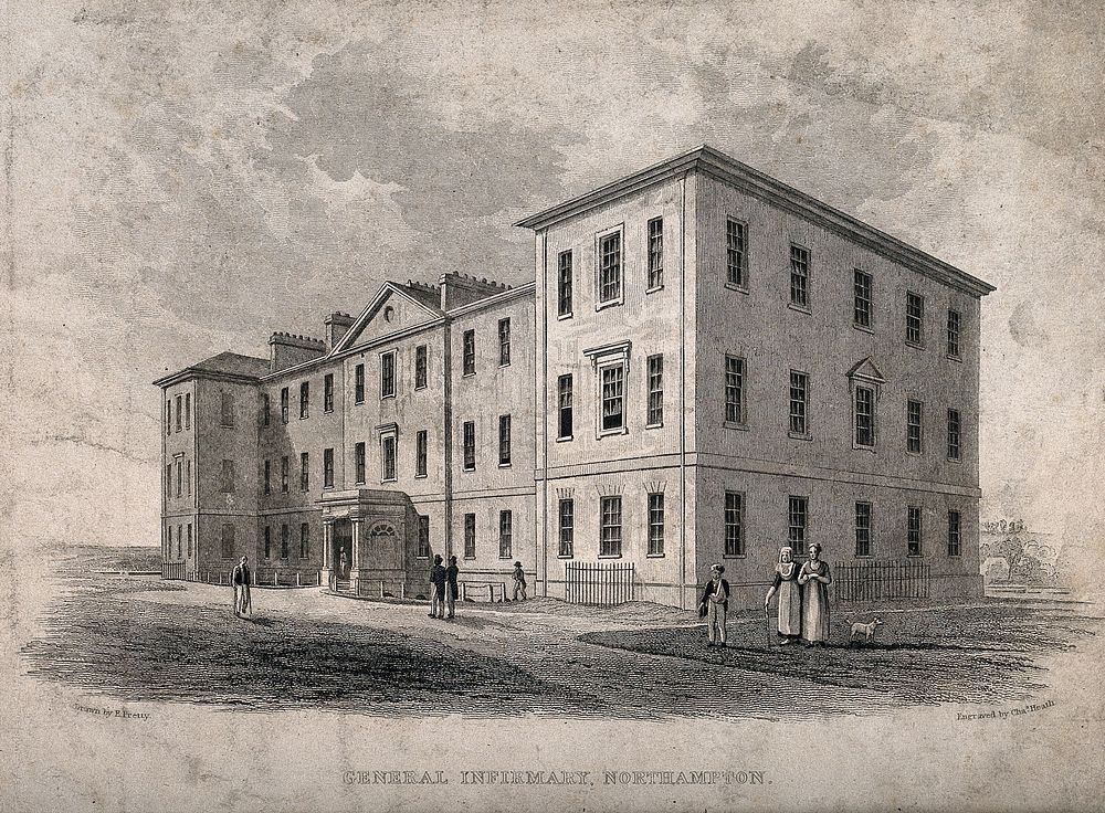 General Infirmary, Northampton, England. Line engraving by C. Heath after E. Pretty.