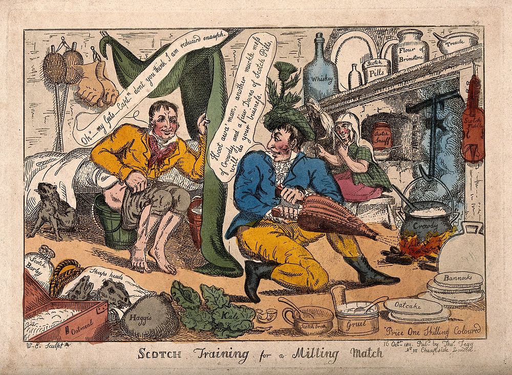 A stereotypical satire of the Scottish. Coloured etching by W.E., 1811.