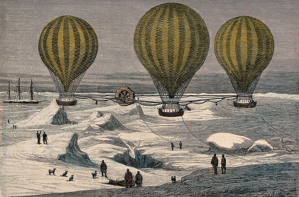 Three balloons travel over a polar landscape: proposed method of reaching the North Pole by J.P. Cheyne. Coloured wood…
