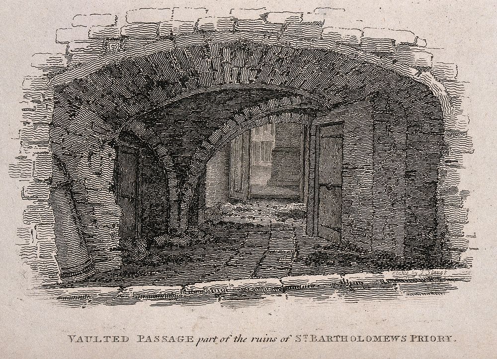 St Bartholomew's Priory, London: a vaulted passage. Etching by J. Storer, 1804.