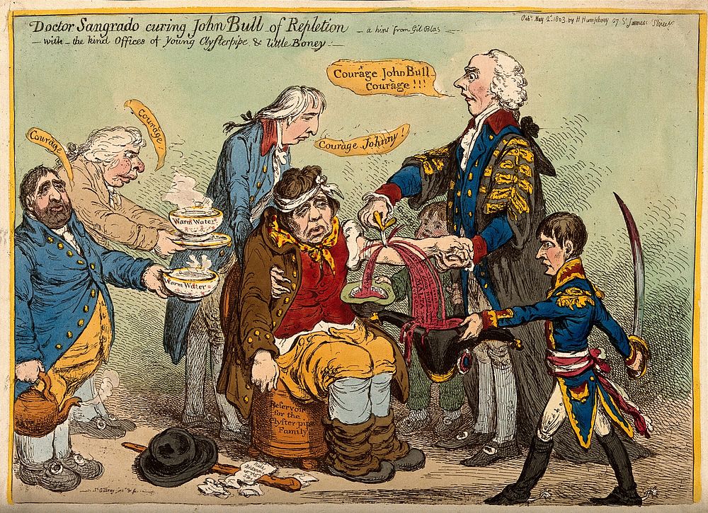 Henry Addington as a medical practitioner bleeding the exhausted John Bull, assisted by other politicians; representing…