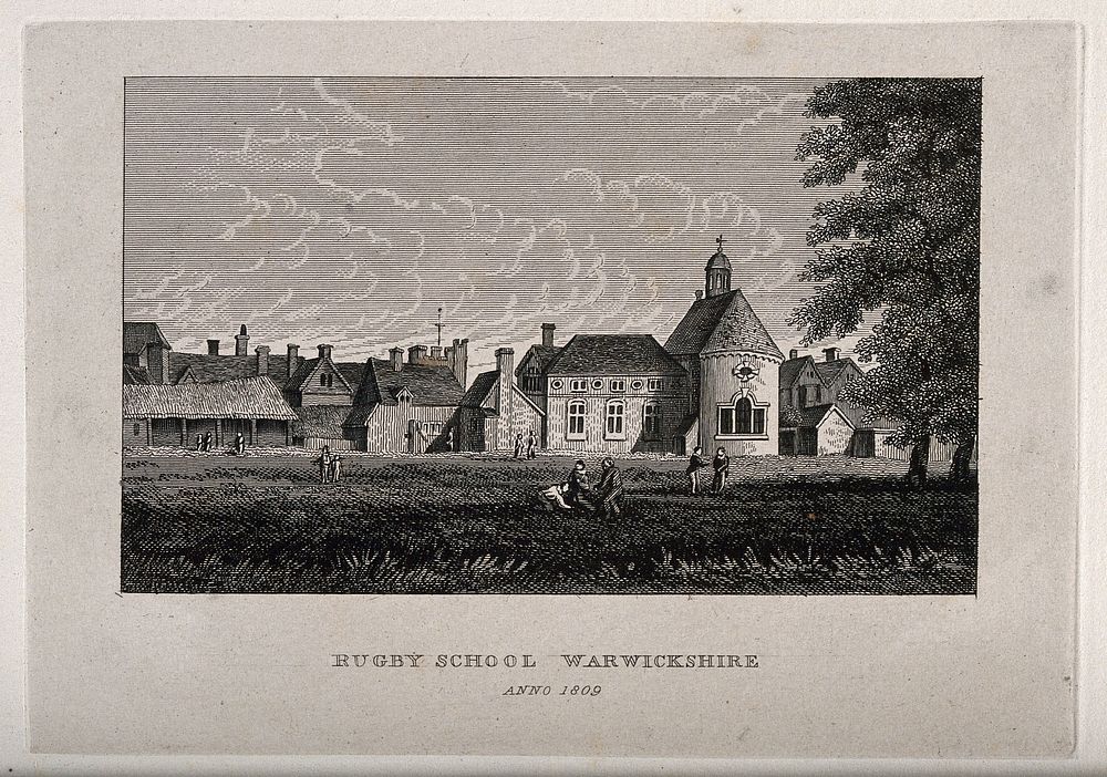 Rugby School, Rugby, Warwickshire: schoolchildren playing in the foregrounds. Line engraving.