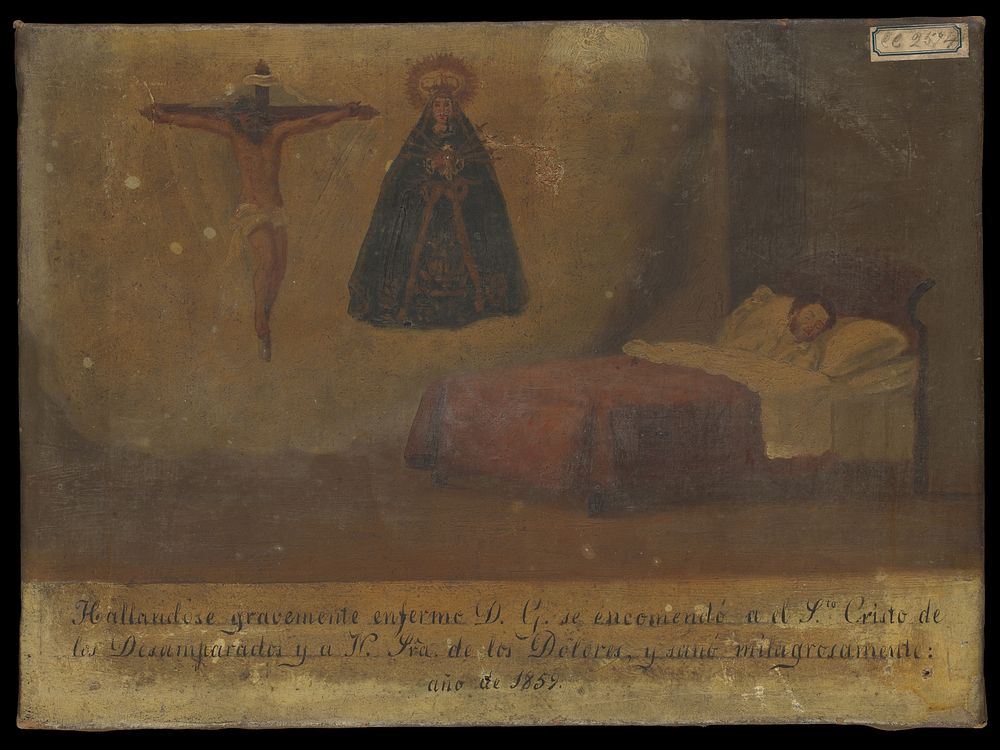 D.G., ill in bed, praying to Christ and the Virgin of the Seven Sorrows, 1859. Oil painting by a Spanish painter, 1859.