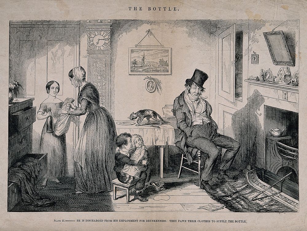 A drunken man sits at home with his family who must sell clothes to pay for his habit. Etching by G. Cruikshank, 1847, after…