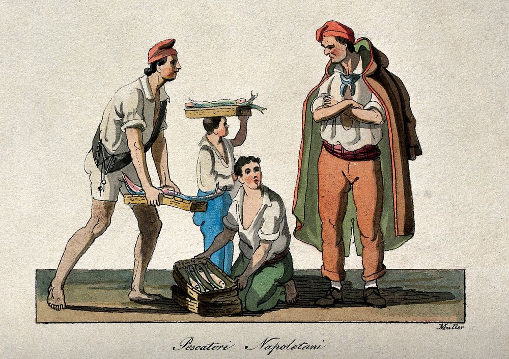 Fishermen in Naples sell their goods to a man in a long cloak. Coloured lithograph by R.J. Muller, ca. 1825.