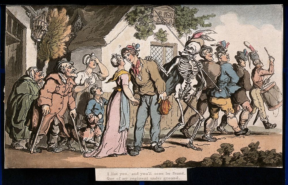 The dance of death: the recruit. Coloured aquatint after T. Rowlandson, 1816.