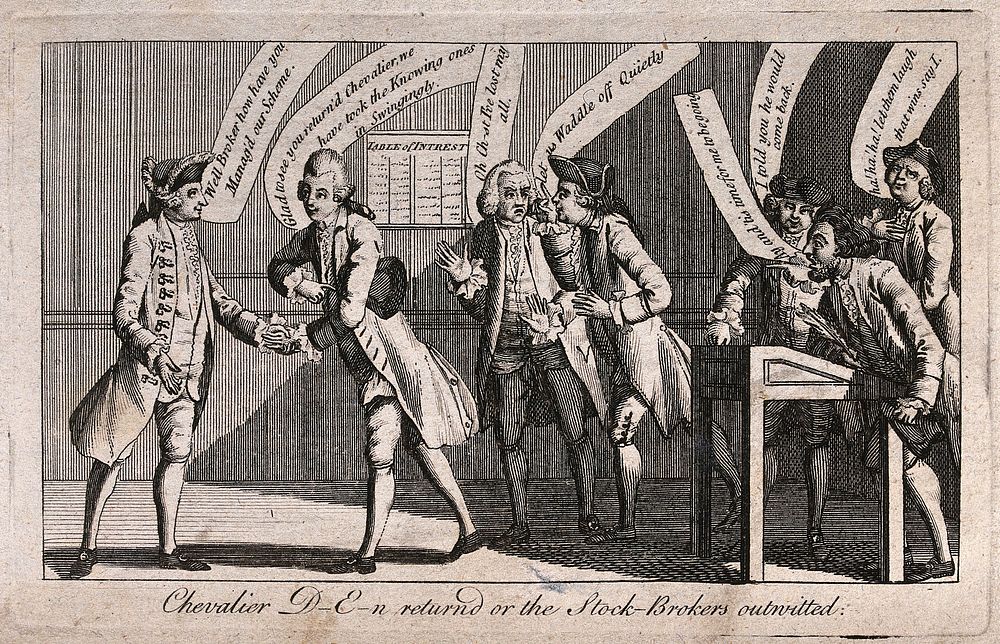 The Chevalier D'Eon meets bankers in a London office or coffee-house to discuss wagers placed on whether D'Eon was a man or…