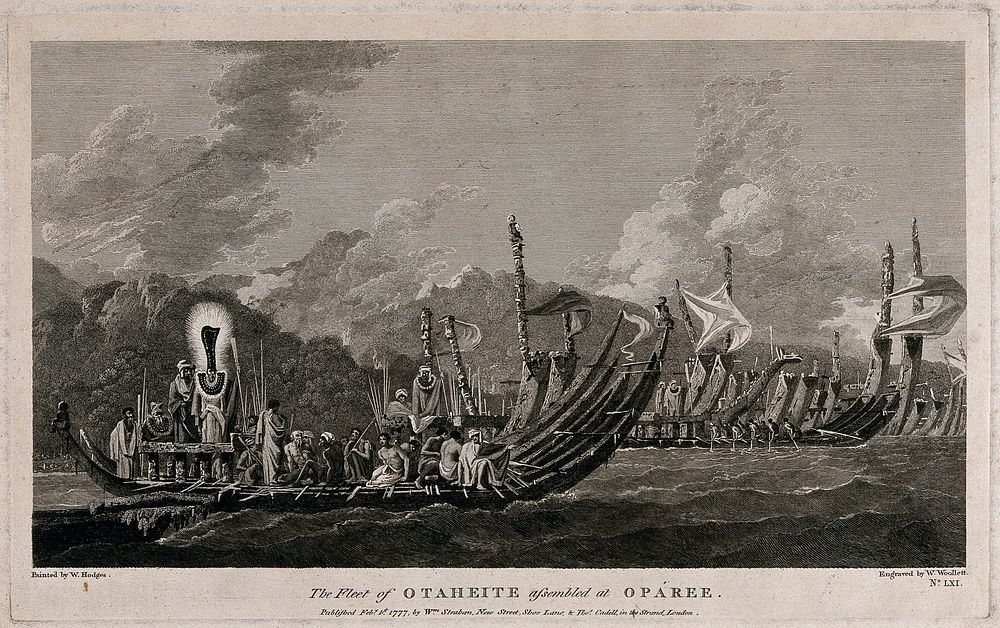 The fleet of Tahiti assembled at Pare. Engraving by W. Woollett, 1777, after W. Hodges.