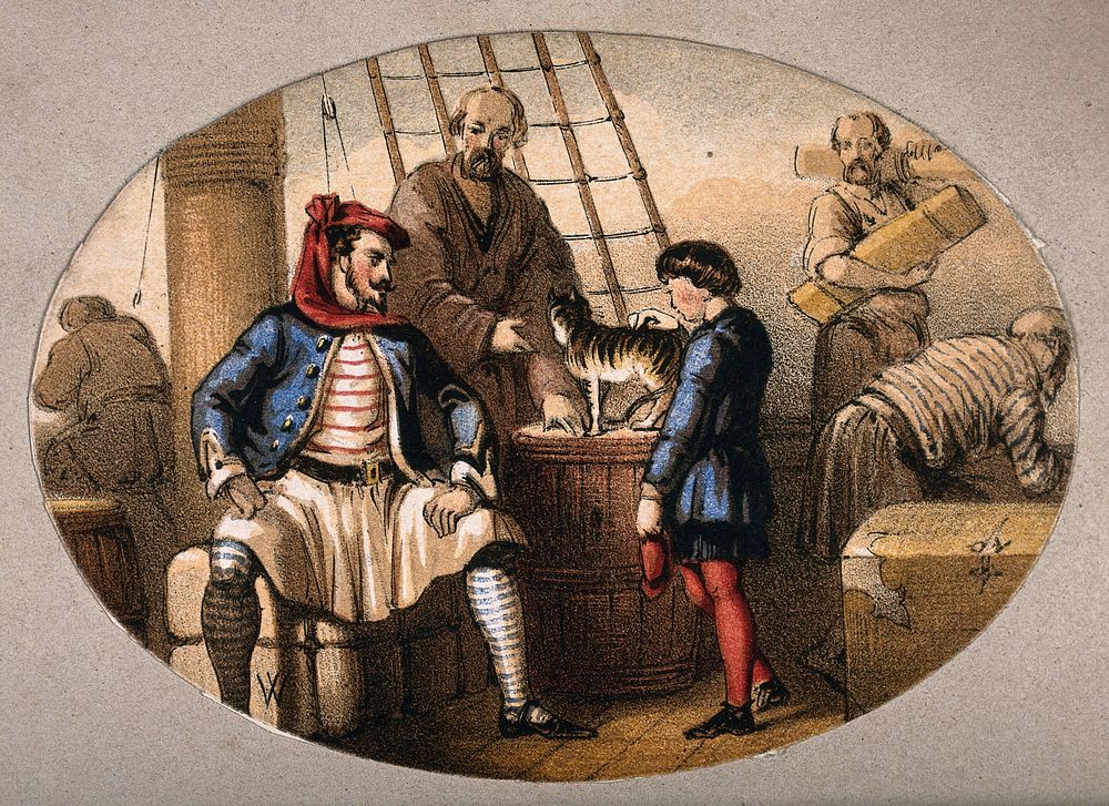 A boy and his cat are on a pirate ship. Coloured lithograph.