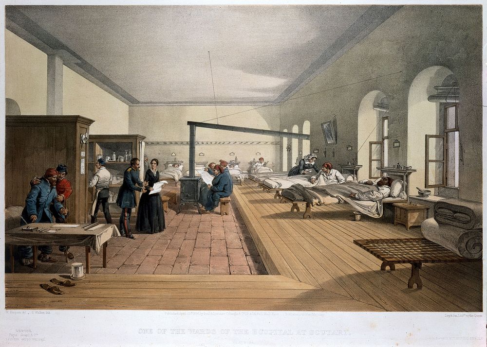 Crimean War: Florence Nightingale at Scutari Hospital. Coloured lithograph by E. Walker, 1856, after W. Simpson.