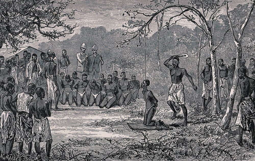 The execution of slaves by means of beheading by the Bakuti, near Equator Station. Wood engraving.