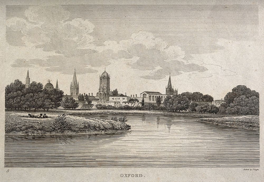 City of Oxford: view from the Cherwell. Etching by J. Roffe.