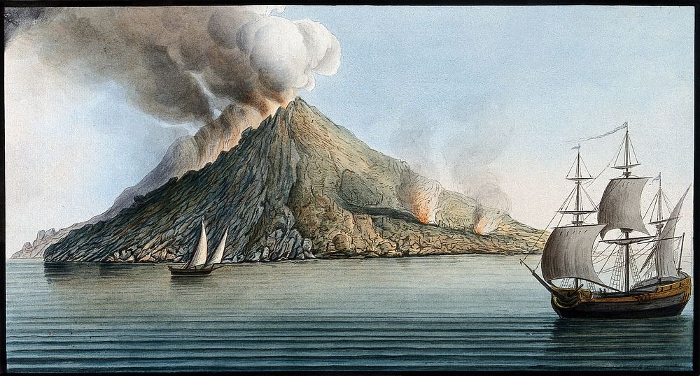 The island of Stromboli, smoke erupting from its peak. Coloured etching by Pietro Fabris, 1776, after a drawing made by him…