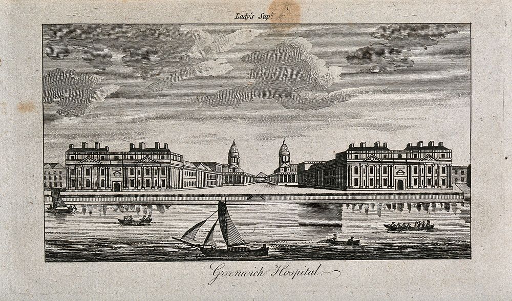Royal Naval Hospital, Greenwich, with ships and rowing boats in the foreground. Engraving.