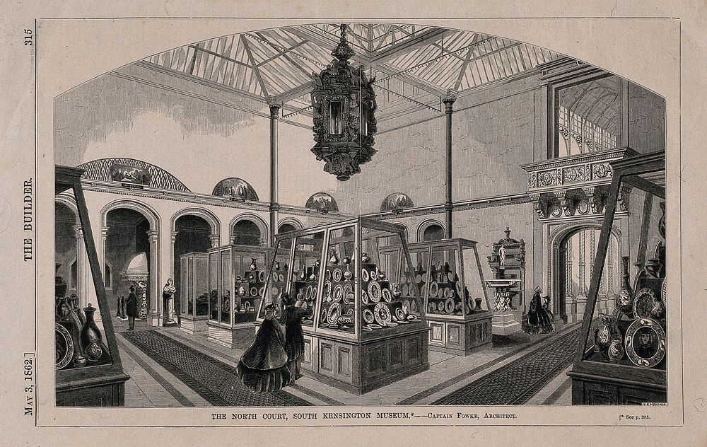 South Kensington Museum: the interior of the north court, with exhibits and visitors. Wood engraving by W. E. Hodgkin, 1862.