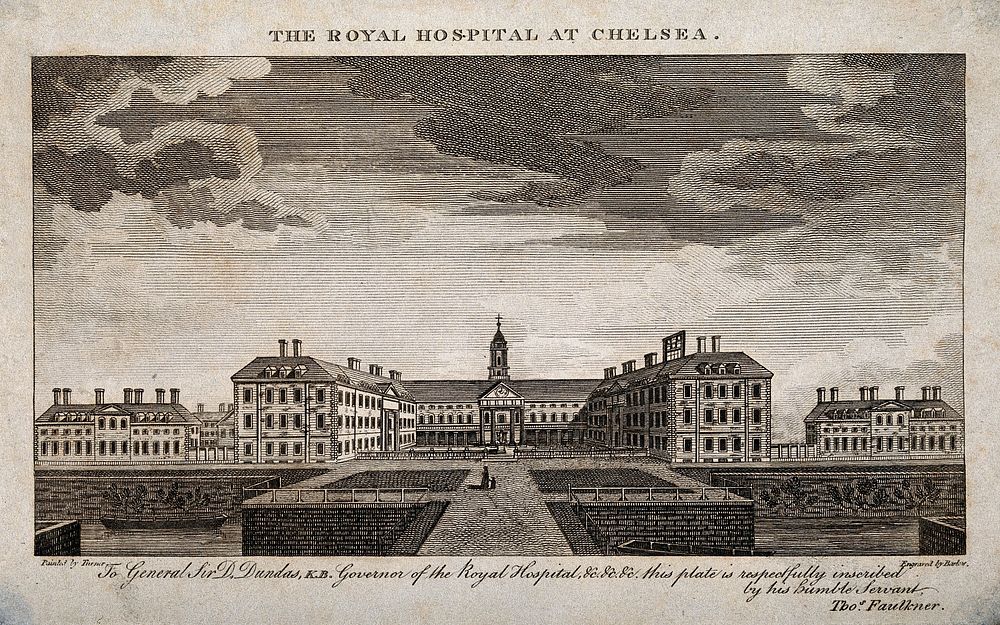 The Royal Hospital, Chelsea: viewed from the South with boats on the river. Engraving by I. Barlow after J.M.W. Turner.
