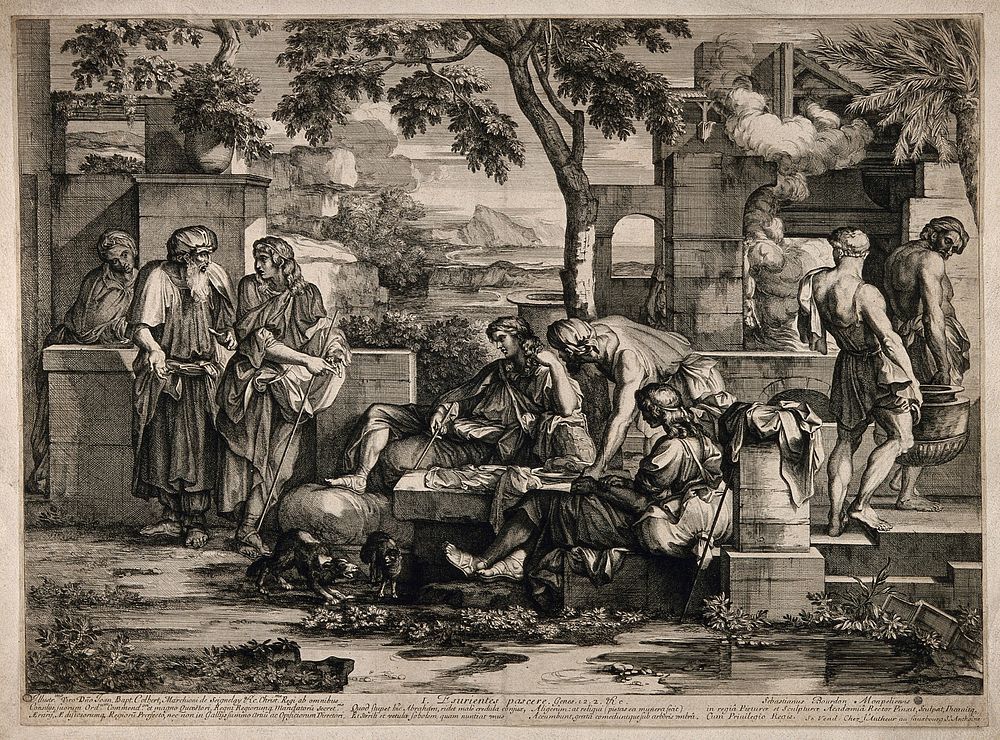 One of the seven Acts of Mercy: Feed the hungry. Line engraving by S. Bourdon after himself.