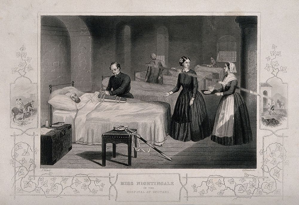 Crimean War: Florence Nightingale at the Scutari Hospital. Line engraving by G. Greatbach after J. Hind.