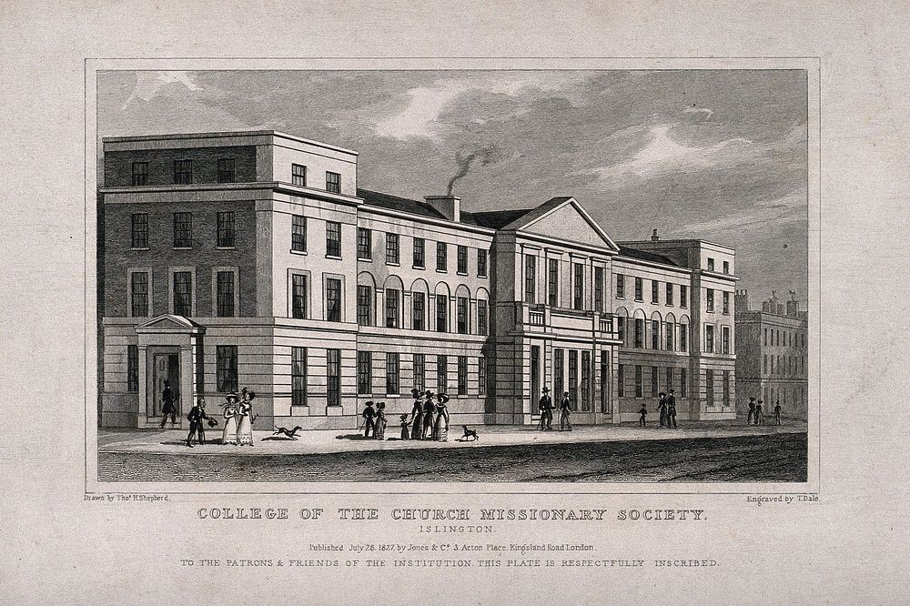 College of the Church Missionary Society, Islington. Engraving by T. Dale after T. H. Shepherd, 1827.